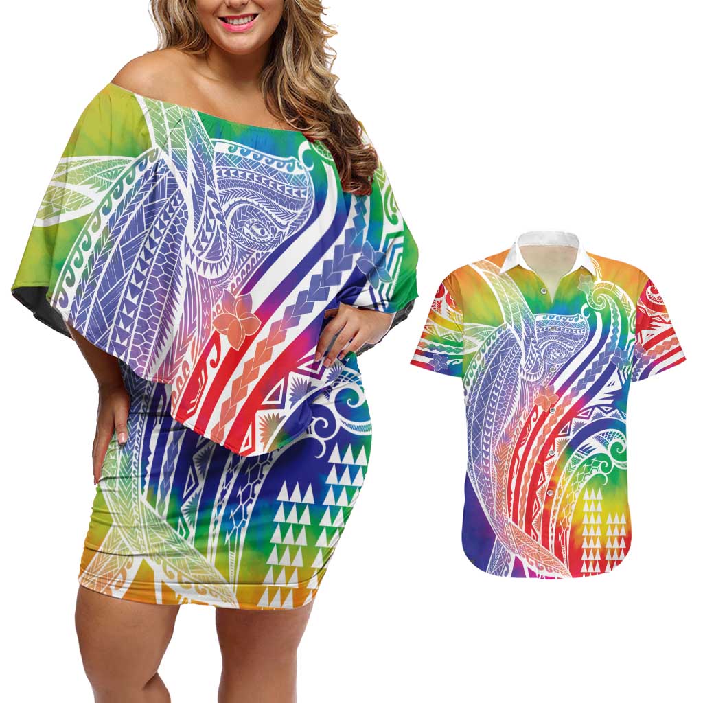 Aloha Pride Rainbow Tie Dye Couples Matching Off Shoulder Short Dress and Hawaiian Shirt Humpback Whale - Love is Love LT7 Colorful - Polynesian Pride
