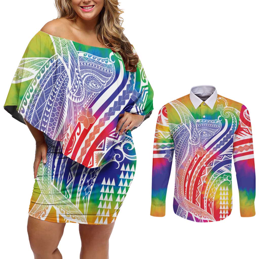 Aloha Pride Rainbow Tie Dye Couples Matching Off Shoulder Short Dress and Long Sleeve Button Shirt Humpback Whale - Love is Love