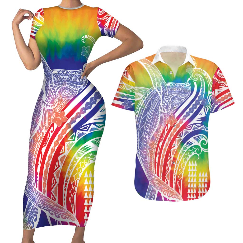 Aloha Pride Rainbow Tie Dye Couples Matching Short Sleeve Bodycon Dress and Hawaiian Shirt Humpback Whale - Love is Love LT7 Colorful - Polynesian Pride
