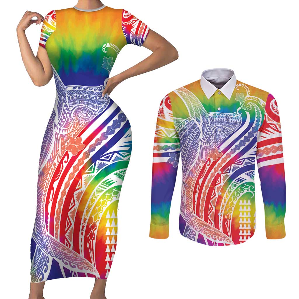 Aloha Pride Rainbow Tie Dye Couples Matching Short Sleeve Bodycon Dress and Long Sleeve Button Shirt Humpback Whale - Love is Love