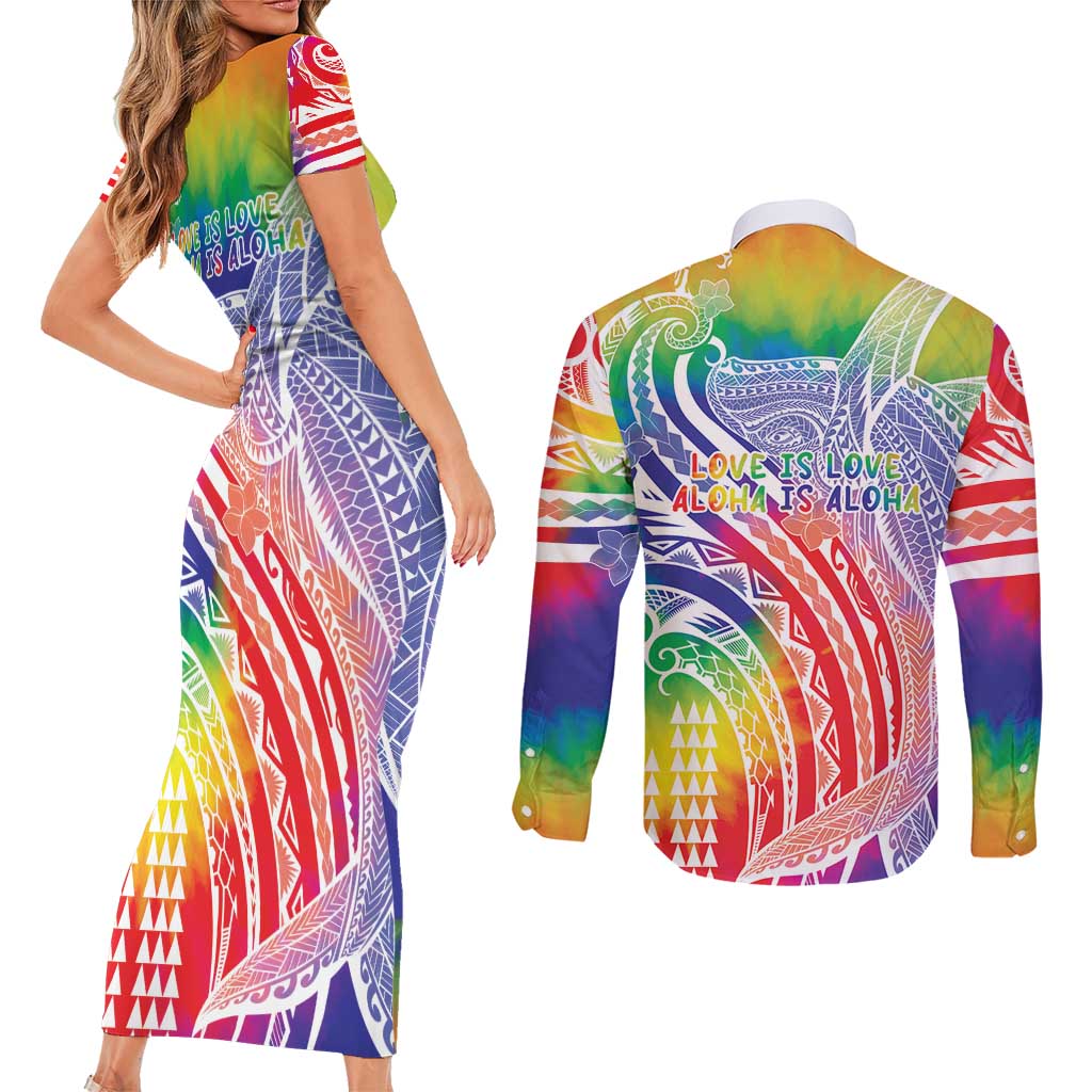 Aloha Pride Rainbow Tie Dye Couples Matching Short Sleeve Bodycon Dress and Long Sleeve Button Shirt Humpback Whale - Love is Love LT7 - Polynesian Pride