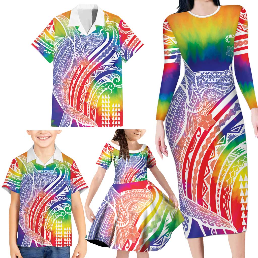 Aloha Pride Rainbow Tie Dye Family Matching Long Sleeve Bodycon Dress and Hawaiian Shirt Humpback Whale - Love is Love LT7 - Polynesian Pride