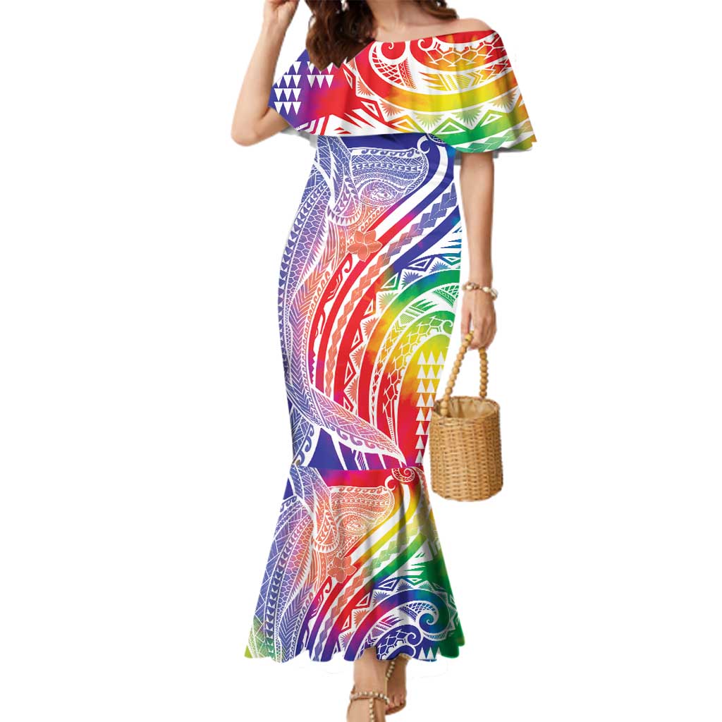 Aloha Pride Rainbow Tie Dye Family Matching Mermaid Dress and Hawaiian Shirt Humpback Whale - Love is Love LT7 Mom's Dress Colorful - Polynesian Pride