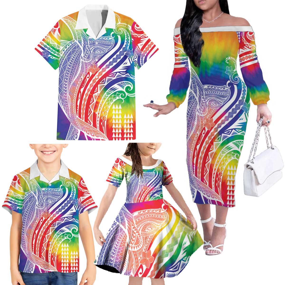 Aloha Pride Rainbow Tie Dye Family Matching Off The Shoulder Long Sleeve Dress and Hawaiian Shirt Humpback Whale - Love is Love LT7 - Polynesian Pride