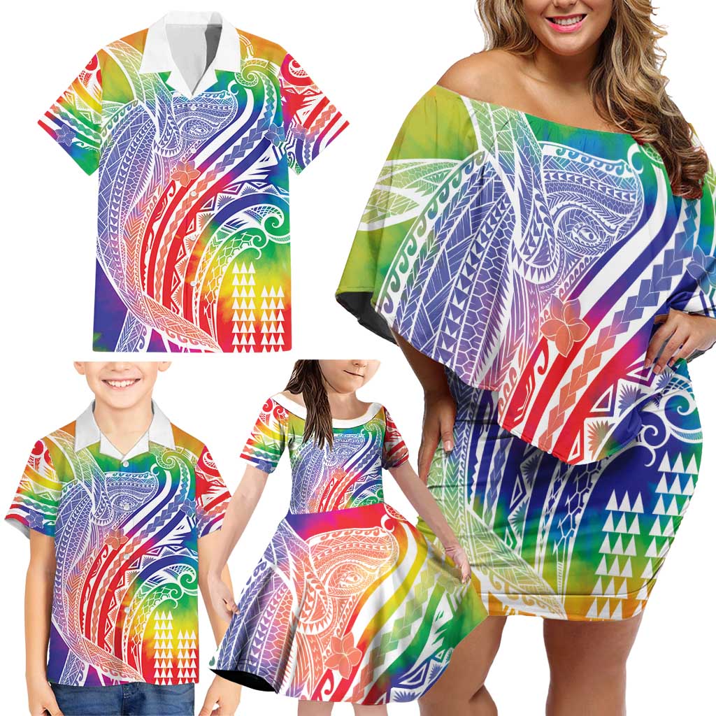 Aloha Pride Rainbow Tie Dye Family Matching Off Shoulder Short Dress and Hawaiian Shirt Humpback Whale - Love is Love LT7 - Polynesian Pride