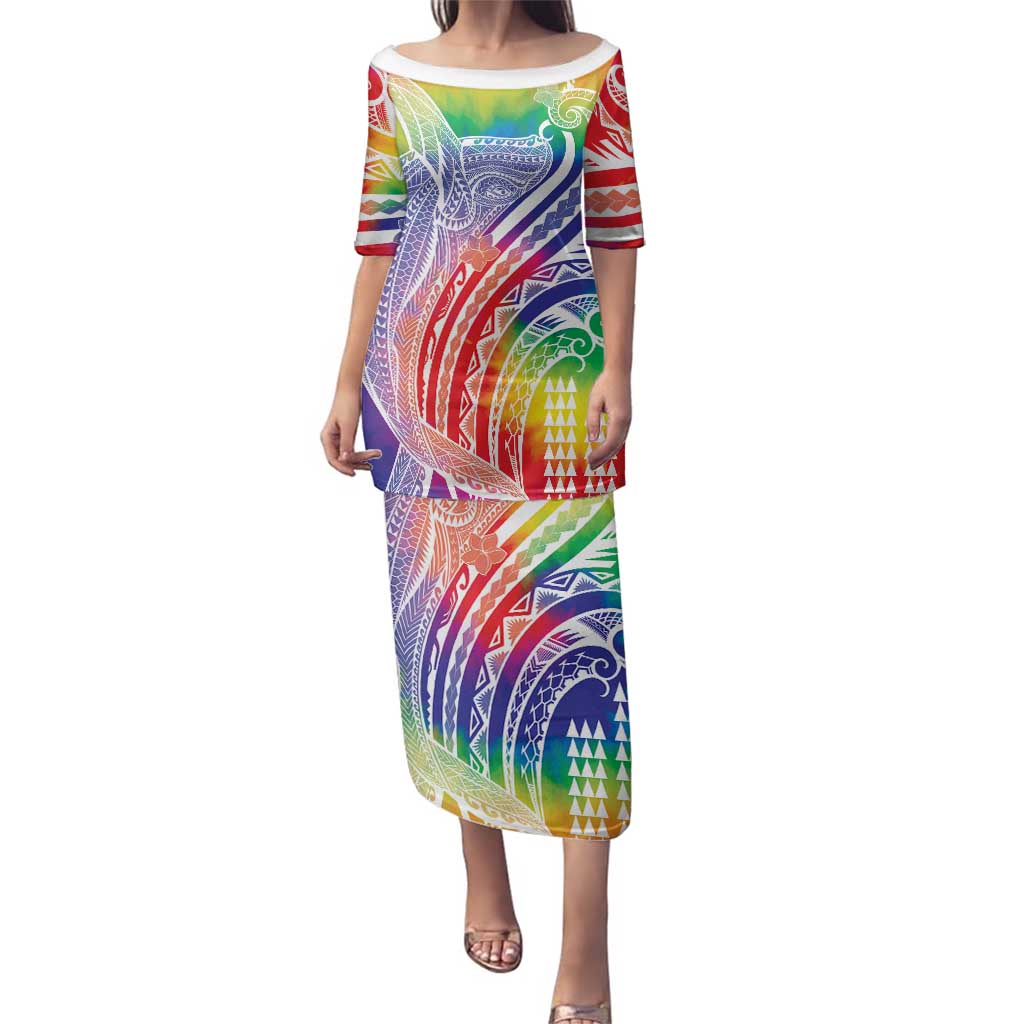 Aloha Pride Rainbow Tie Dye Family Matching Puletasi and Hawaiian Shirt Humpback Whale - Love is Love LT7 Mom's Dress Colorful - Polynesian Pride