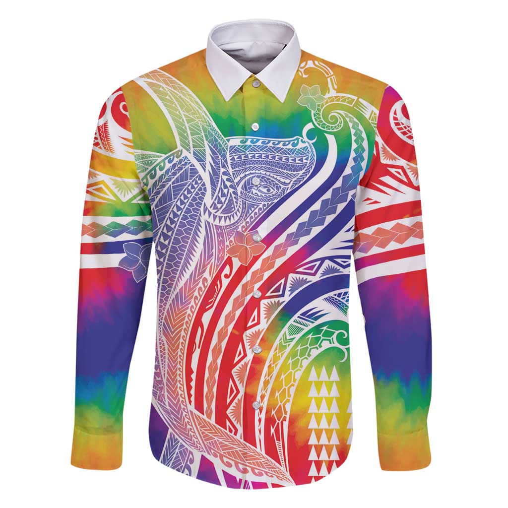 Aloha Pride Rainbow Tie Dye Family Matching Summer Maxi Dress and Hawaiian Shirt Humpback Whale - Love is Love LT7 Dad's Shirt - Long Sleeve Colorful - Polynesian Pride