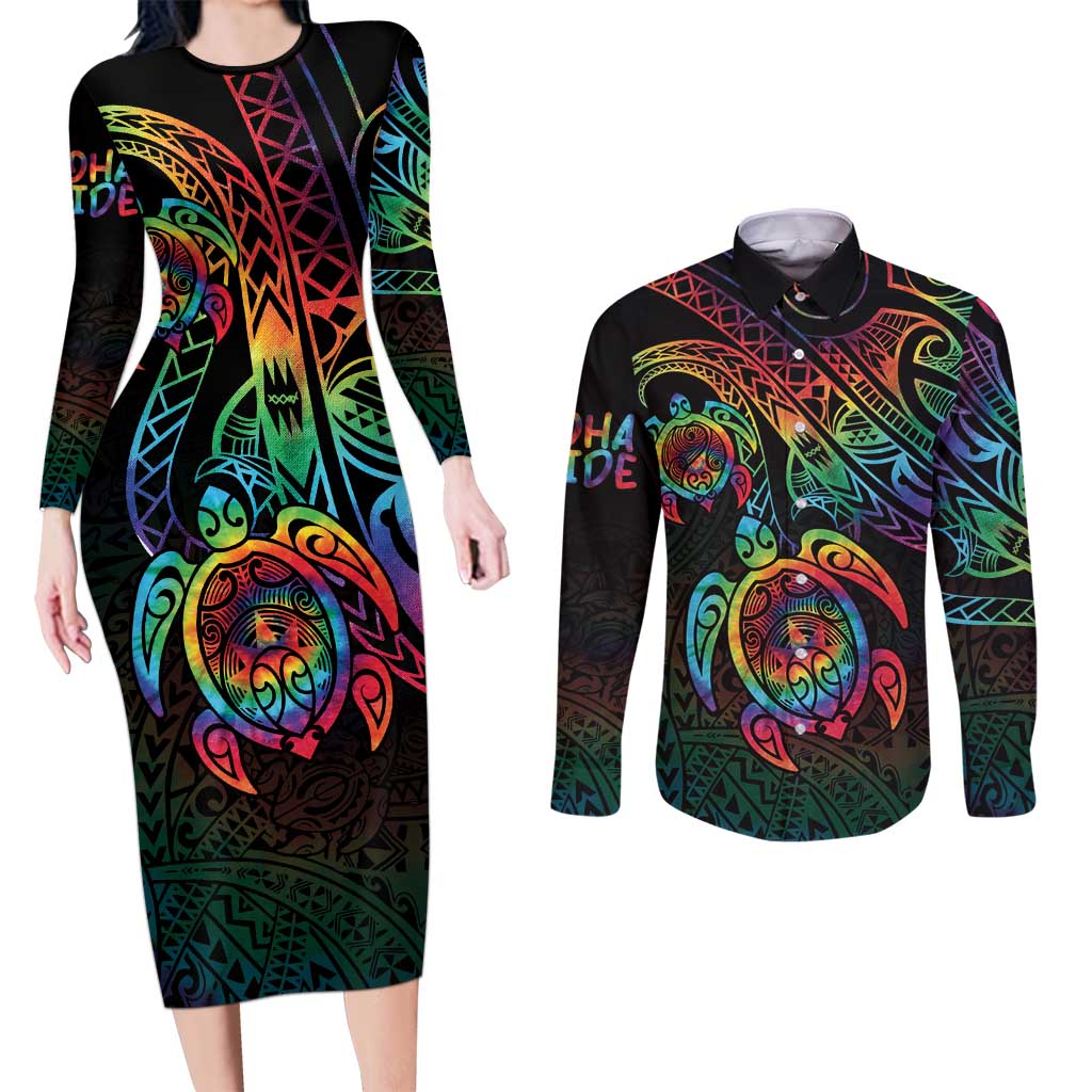 Hawaii Pride Couples Matching Long Sleeve Bodycon Dress and Long Sleeve Button Shirt Rainbow Swirls LT7 Colorful - Polynesian Pride