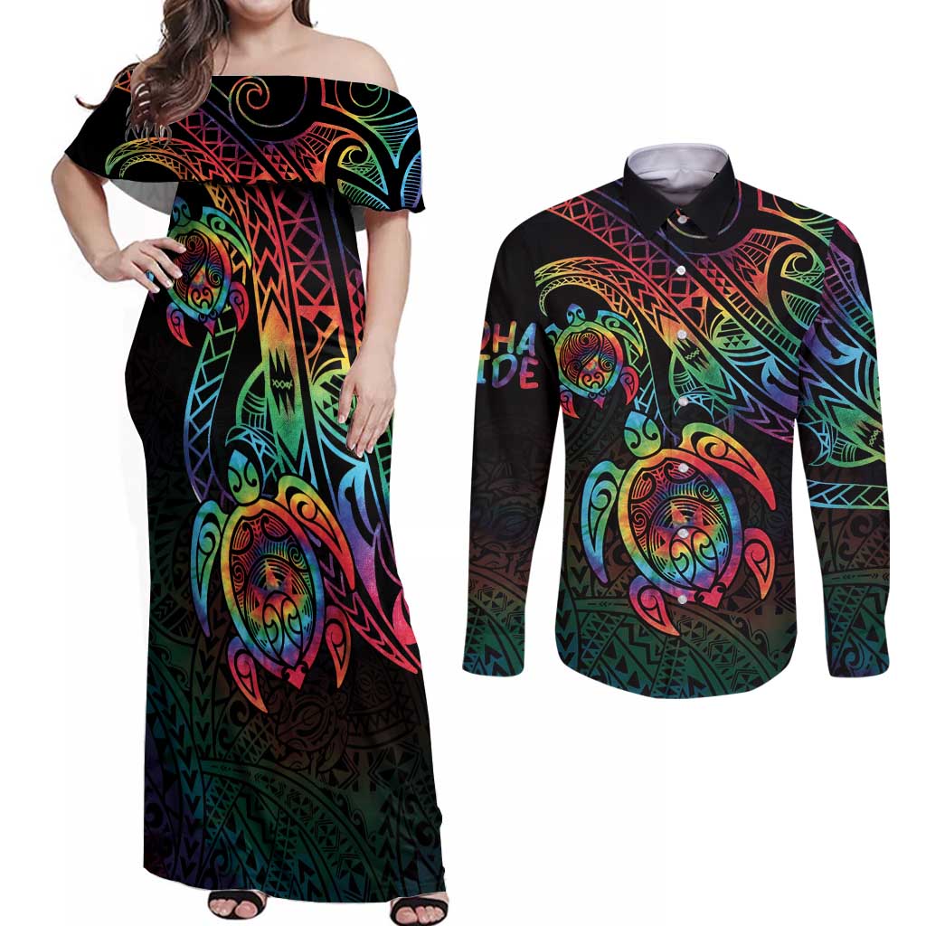 Hawaii Pride Couples Matching Off Shoulder Maxi Dress and Long Sleeve Button Shirt Rainbow Swirls LT7 Colorful - Polynesian Pride