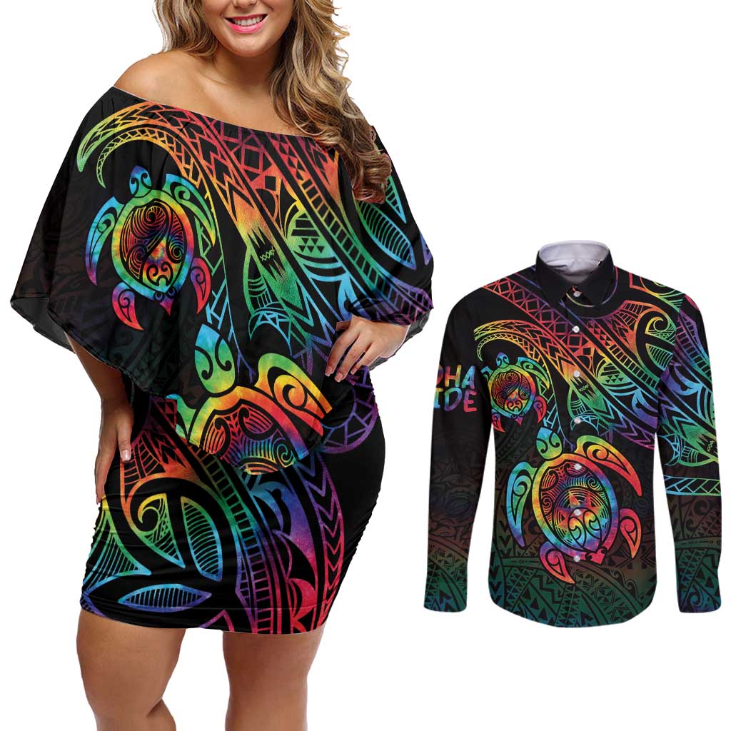 Hawaii Pride Couples Matching Off Shoulder Short Dress and Long Sleeve Button Shirt Rainbow Swirls LT7 Colorful - Polynesian Pride
