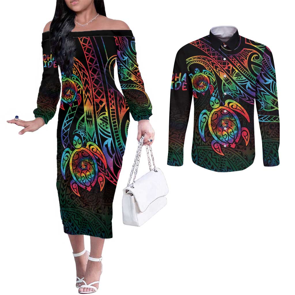 Hawaii Pride Couples Matching Off The Shoulder Long Sleeve Dress and Long Sleeve Button Shirt Rainbow Swirls LT7 Colorful - Polynesian Pride