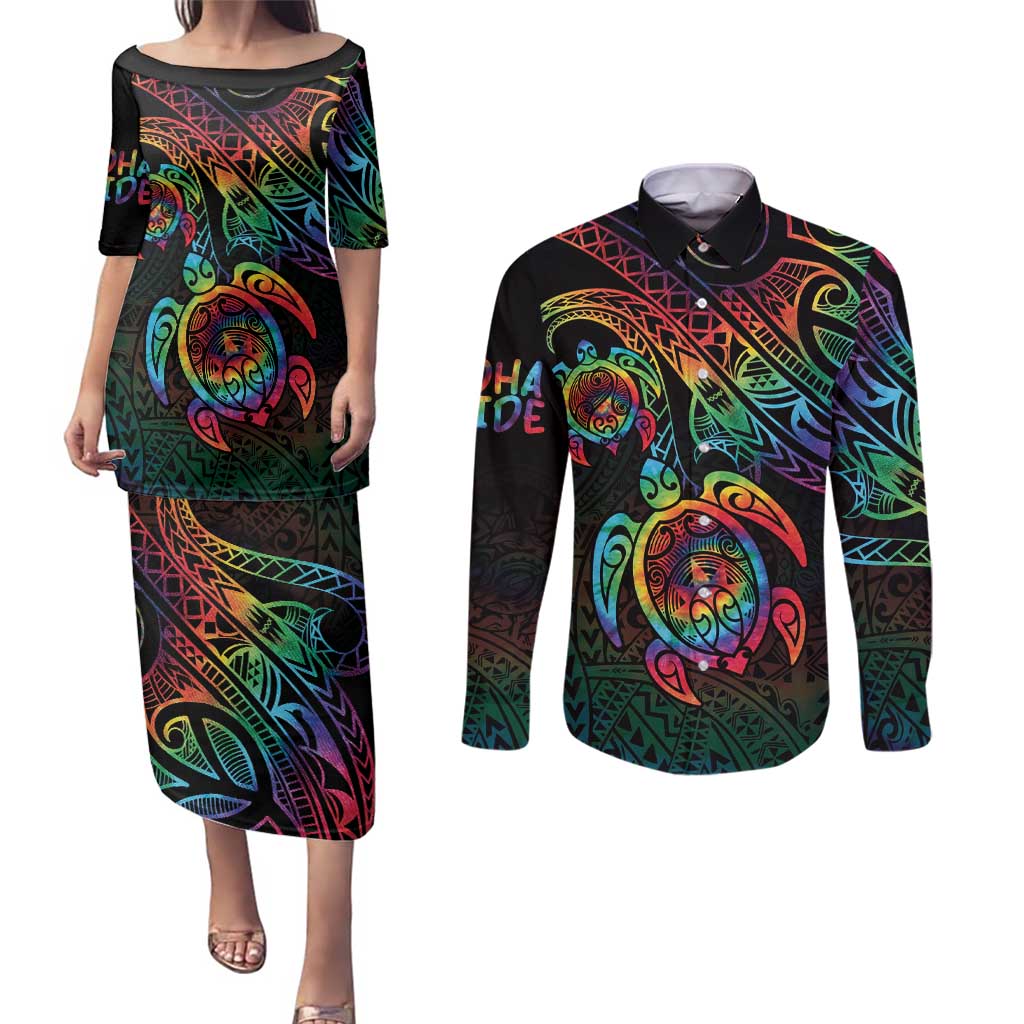 Hawaii Pride Couples Matching Puletasi and Long Sleeve Button Shirt Rainbow Swirls LT7 Colorful - Polynesian Pride
