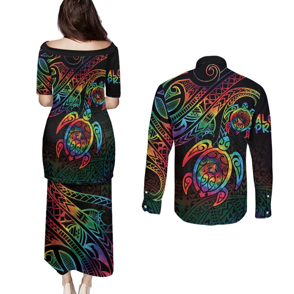 Hawaii Pride Couples Matching Puletasi and Long Sleeve Button Shirt Rainbow Swirls