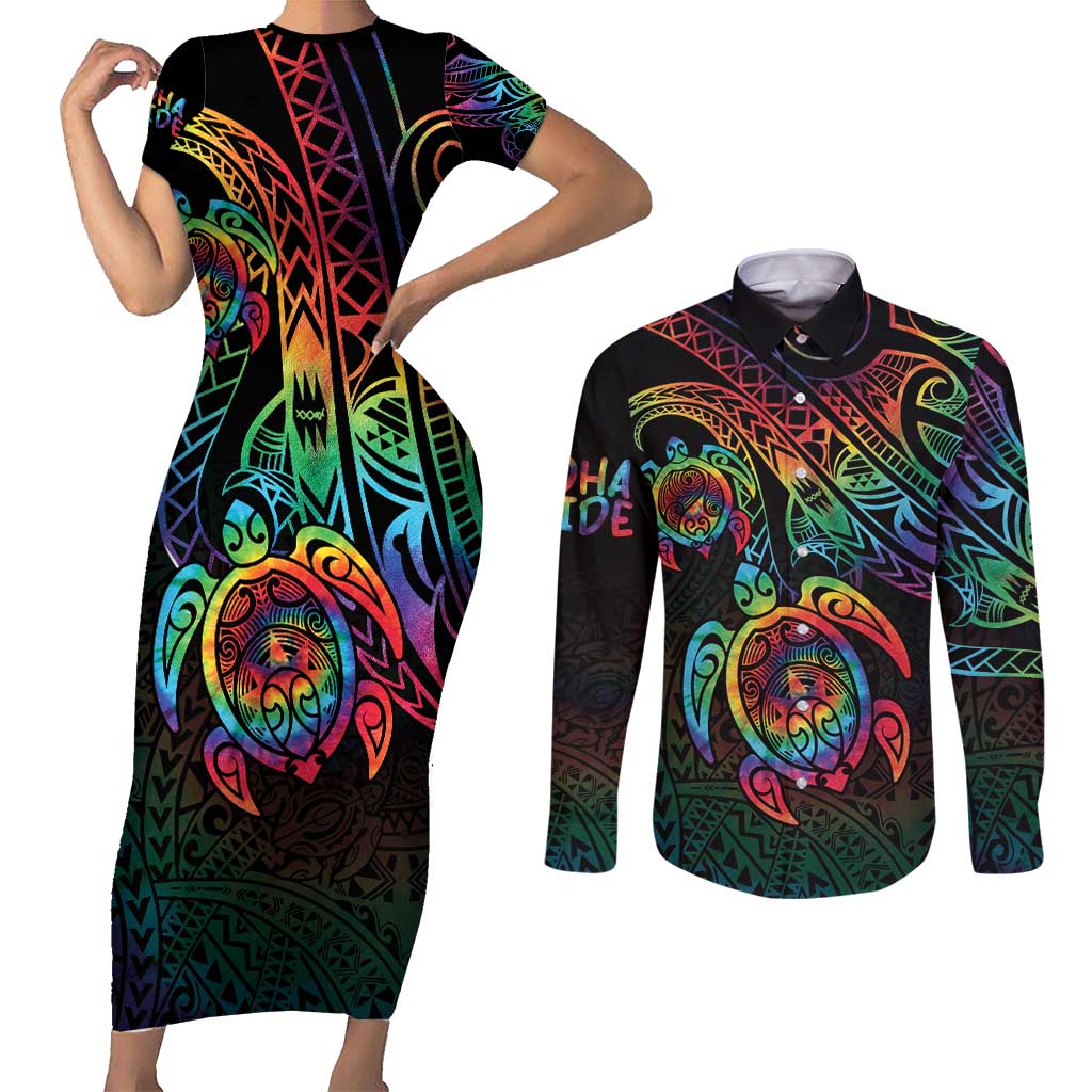 Hawaii Pride Couples Matching Short Sleeve Bodycon Dress and Long Sleeve Button Shirt Rainbow Swirls LT7 Colorful - Polynesian Pride