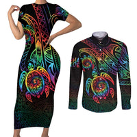 Hawaii Pride Couples Matching Short Sleeve Bodycon Dress and Long Sleeve Button Shirt Rainbow Swirls