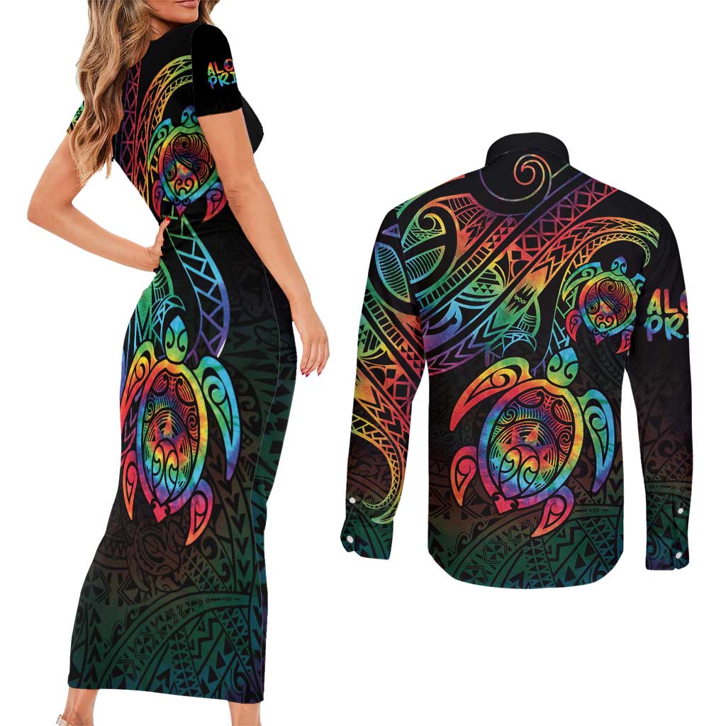 Hawaii Pride Couples Matching Short Sleeve Bodycon Dress and Long Sleeve Button Shirt Rainbow Swirls