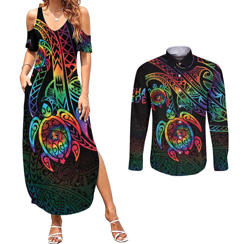 Hawaii Pride Couples Matching Summer Maxi Dress and Long Sleeve Button Shirt Rainbow Swirls LT7 Colorful - Polynesian Pride