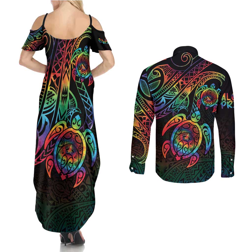 Hawaii Pride Couples Matching Summer Maxi Dress and Long Sleeve Button Shirt Rainbow Swirls