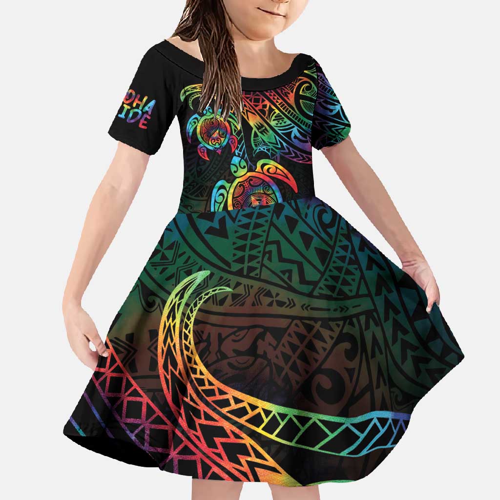 Hawaii Pride Family Matching Long Sleeve Bodycon Dress and Hawaiian Shirt Rainbow Swirls LT7 Daughter's Dress Colorful - Polynesian Pride