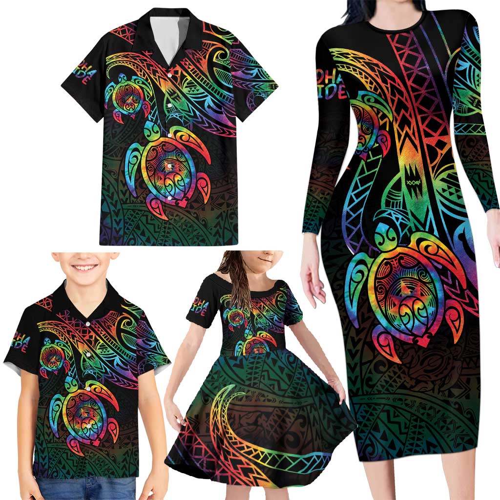 Hawaii Pride Family Matching Long Sleeve Bodycon Dress and Hawaiian Shirt Rainbow Swirls LT7 - Polynesian Pride