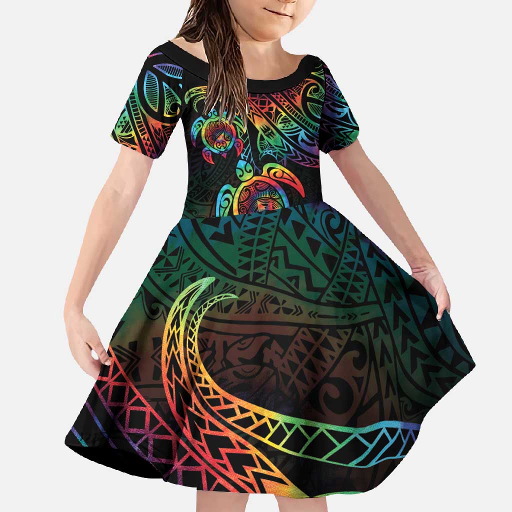 Hawaii Pride Family Matching Off Shoulder Maxi Dress and Hawaiian Shirt Rainbow Swirls LT7 Daughter's Dress Colorful - Polynesian Pride