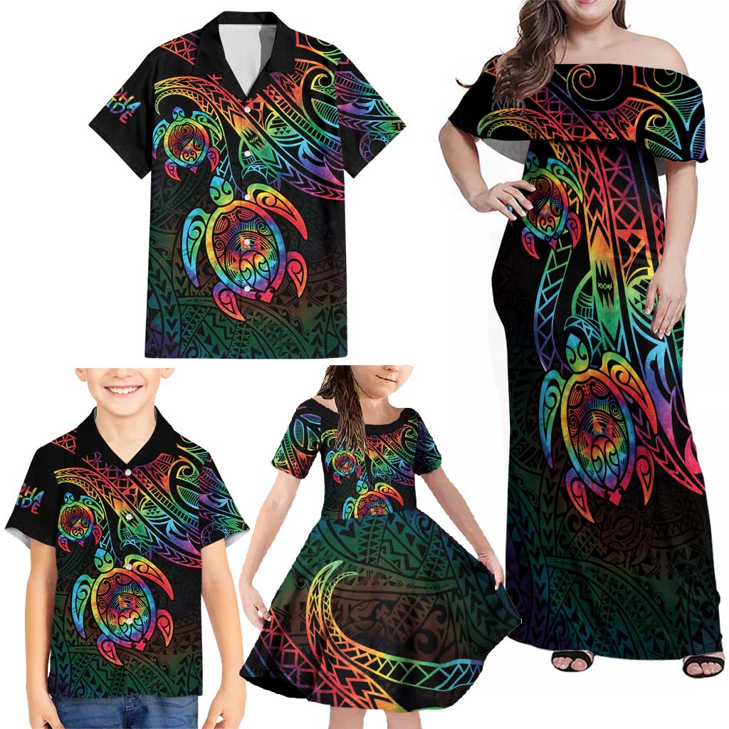 Hawaii Pride Family Matching Off Shoulder Maxi Dress and Hawaiian Shirt Rainbow Swirls LT7 - Polynesian Pride