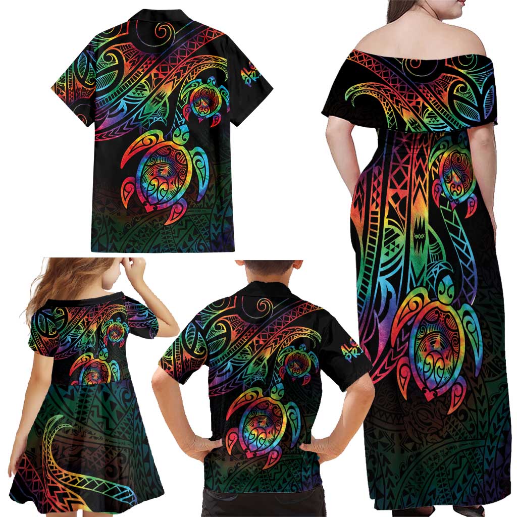 Hawaii Pride Family Matching Off Shoulder Maxi Dress and Hawaiian Shirt Rainbow Swirls LT7 - Polynesian Pride