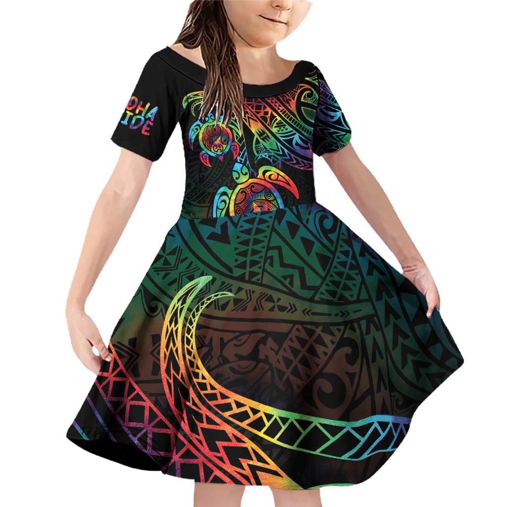 Hawaii Pride Family Matching Off Shoulder Short Dress and Hawaiian Shirt Rainbow Swirls LT7 Daughter's Dress Colorful - Polynesian Pride