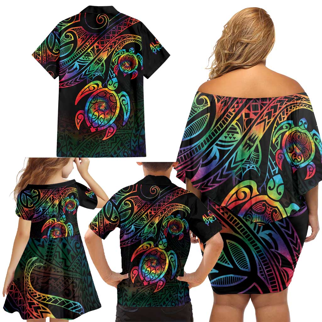 Hawaii Pride Family Matching Off Shoulder Short Dress and Hawaiian Shirt Rainbow Swirls LT7 - Polynesian Pride
