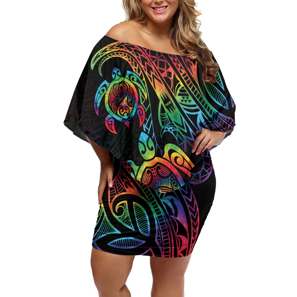 Hawaii Pride Family Matching Off Shoulder Short Dress and Hawaiian Shirt Rainbow Swirls LT7 Mom's Dress Colorful - Polynesian Pride