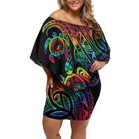 Hawaii Pride Family Matching Off Shoulder Short Dress and Hawaiian Shirt Rainbow Swirls LT7 Mom's Dress Colorful - Polynesian Pride