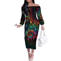 Hawaii Pride Off The Shoulder Long Sleeve Dress Rainbow Swirls LT7 Women Colorful - Polynesian Pride