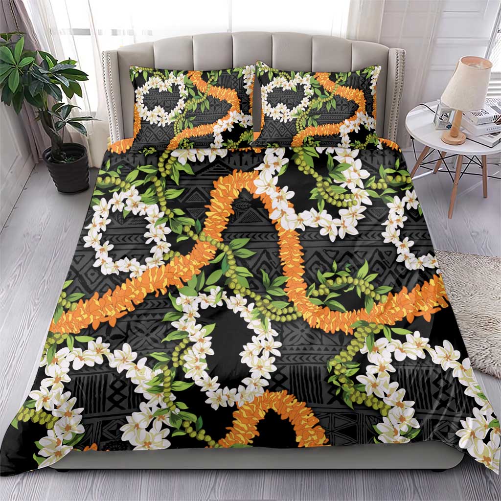 Aloha Festive Hawaii Bedding Set Mokihana - Maile and Ilima on Black LT7 - Polynesian Pride