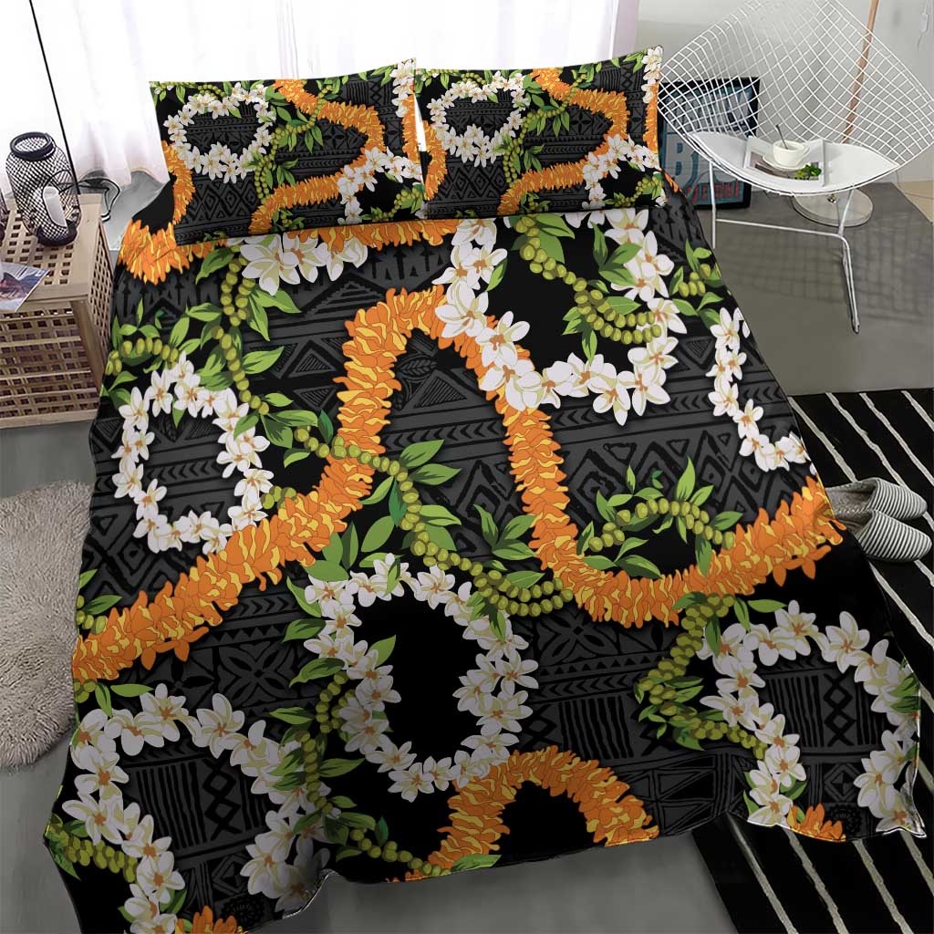 Aloha Festive Hawaii Bedding Set Mokihana - Maile and Ilima on Black LT7 - Polynesian Pride