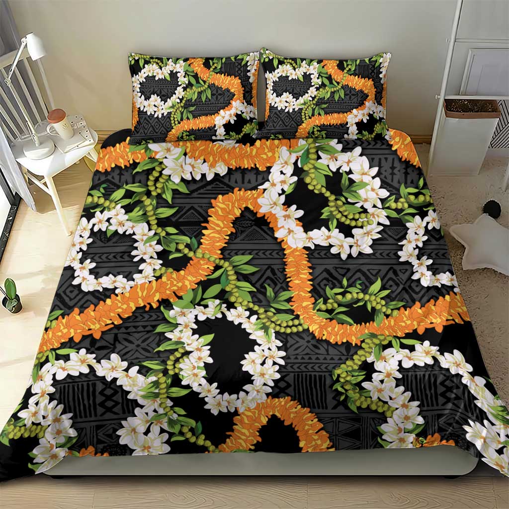 Aloha Festive Hawaii Bedding Set Mokihana - Maile and Ilima on Black LT7 - Polynesian Pride