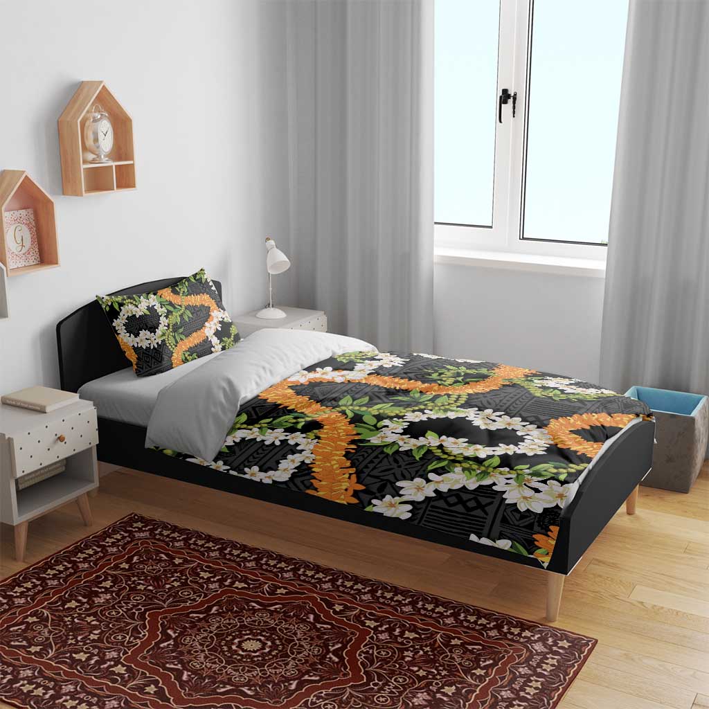 Aloha Festive Hawaii Bedding Set Mokihana - Maile and Ilima on Black LT7 - Polynesian Pride
