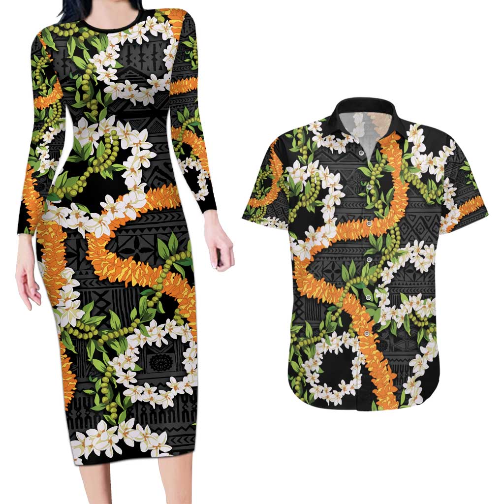 Aloha Festive Hawaii Couples Matching Long Sleeve Bodycon Dress and Hawaiian Shirt Mokihana - Maile and Ilima on Black LT7 Black - Polynesian Pride
