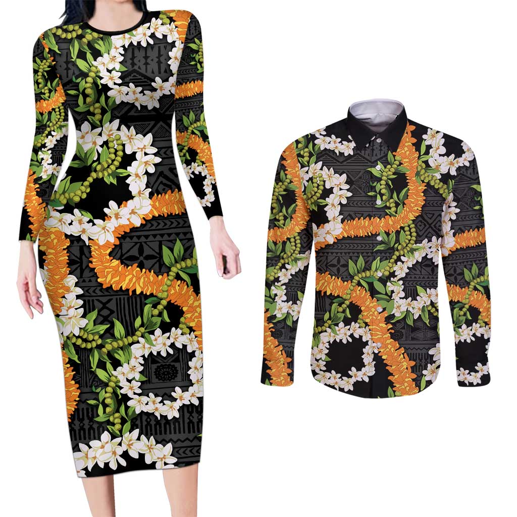 Aloha Festive Hawaii Couples Matching Long Sleeve Bodycon Dress and Long Sleeve Button Shirt Mokihana - Maile and Ilima on Black LT7 Black - Polynesian Pride