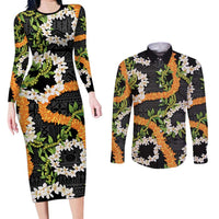 Aloha Festive Hawaii Couples Matching Long Sleeve Bodycon Dress and Long Sleeve Button Shirt Mokihana - Maile and Ilima on Black LT7 Black - Polynesian Pride