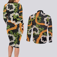 Aloha Festive Hawaii Couples Matching Long Sleeve Bodycon Dress and Long Sleeve Button Shirt Mokihana - Maile and Ilima on Black LT7 - Polynesian Pride