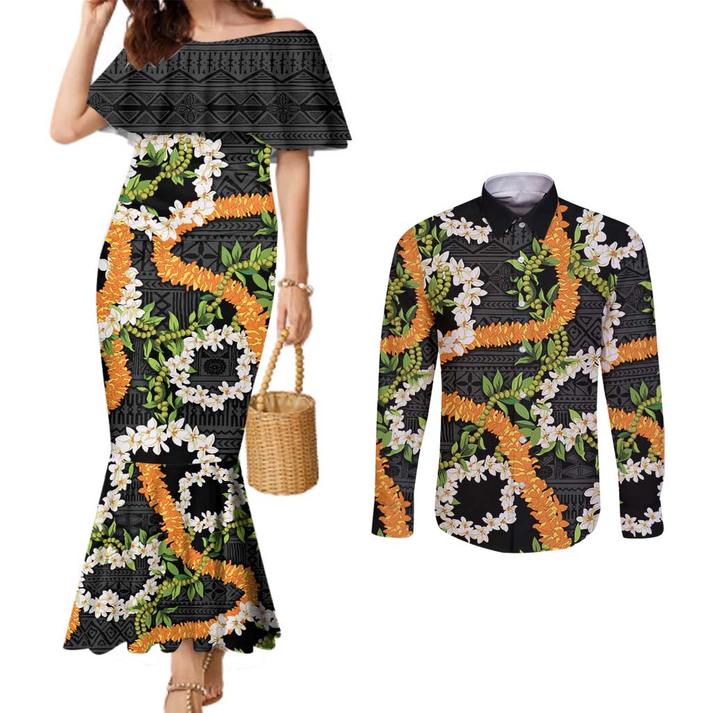 Aloha Festive Hawaii Couples Matching Mermaid Dress and Long Sleeve Button Shirt Mokihana - Maile and Ilima on Black LT7 Black - Polynesian Pride