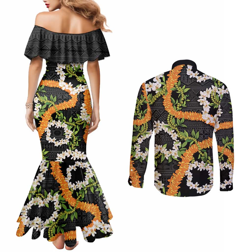 Aloha Festive Hawaii Couples Matching Mermaid Dress and Long Sleeve Button Shirt Mokihana - Maile and Ilima on Black LT7 - Polynesian Pride