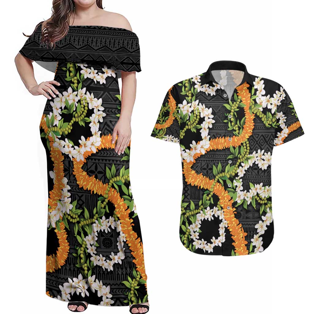 Aloha Festive Hawaii Couples Matching Off Shoulder Maxi Dress and Hawaiian Shirt Mokihana - Maile and Ilima on Black - Polynesian Pride