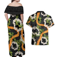 Aloha Festive Hawaii Couples Matching Off Shoulder Maxi Dress and Hawaiian Shirt Mokihana - Maile and Ilima on Black LT7 - Polynesian Pride