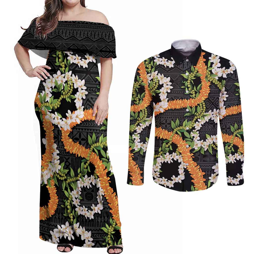 Aloha Festive Hawaii Couples Matching Off Shoulder Maxi Dress and Long Sleeve Button Shirt Mokihana - Maile and Ilima on Black LT7 Black - Polynesian Pride