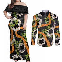 Aloha Festive Hawaii Couples Matching Off Shoulder Maxi Dress and Long Sleeve Button Shirt Mokihana - Maile and Ilima on Black LT7 Black - Polynesian Pride
