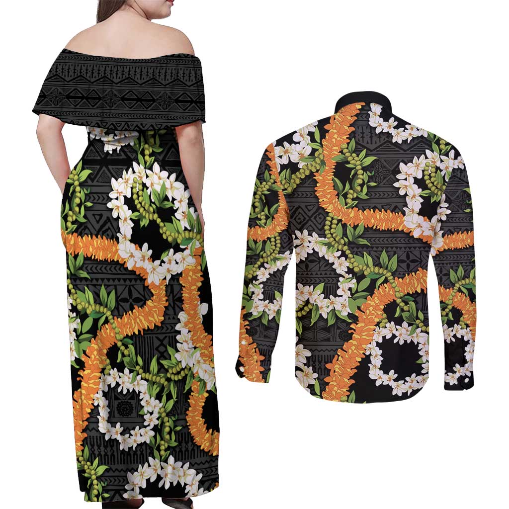 Aloha Festive Hawaii Couples Matching Off Shoulder Maxi Dress and Long Sleeve Button Shirt Mokihana - Maile and Ilima on Black LT7 - Polynesian Pride