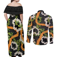 Aloha Festive Hawaii Couples Matching Off Shoulder Maxi Dress and Long Sleeve Button Shirt Mokihana - Maile and Ilima on Black LT7 - Polynesian Pride