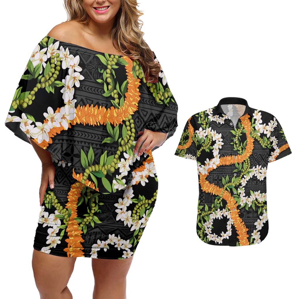 Aloha Festive Hawaii Couples Matching Off Shoulder Short Dress and Hawaiian Shirt Mokihana - Maile and Ilima on Black LT7 Black - Polynesian Pride