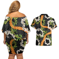 Aloha Festive Hawaii Couples Matching Off Shoulder Short Dress and Hawaiian Shirt Mokihana - Maile and Ilima on Black LT7 - Polynesian Pride